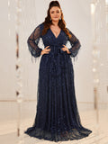 CEILIM | Giffniseti Plus Lantern Sleeve Belted Sequin Formal Dress