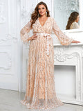 CEILIM | Giffniseti Plus Lantern Sleeve Belted Sequin Formal Dress