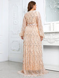 CEILIM | Giffniseti Plus Lantern Sleeve Belted Sequin Formal Dress
