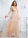 CEILIM | Giffniseti Plus Lantern Sleeve Belted Sequin Formal Dress