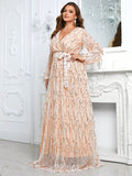 CEILIM | Giffniseti Plus Lantern Sleeve Belted Sequin Formal Dress