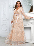 CEILIM | Giffniseti Plus Lantern Sleeve Belted Sequin Formal Dress