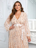 CEILIM | Giffniseti Plus Lantern Sleeve Belted Sequin Formal Dress