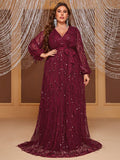 CEILIM | Giffniseti Plus Lantern Sleeve Belted Sequin Formal Dress