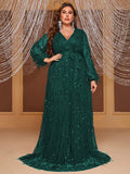 CEILIM | Giffniseti Plus Lantern Sleeve Belted Sequin Formal Dress
