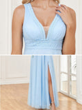 CEILIM | Elegant Wedding Guest Long Evening Dress V Neck Lace