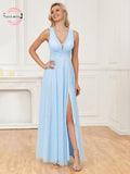 CEILIM | Elegant Wedding Guest Long Evening Dress V Neck Lace