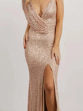CEILIM | Gold Sequin Slit Evening Dress