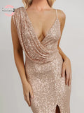 CEILIM | Gold Sequin Slit Evening Dress