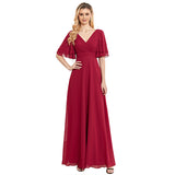 CEILIM | V-Neck Short Sleeves bubble beads A-line Chiffon Dresses