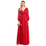 CEILIM | V-Neck Long Sleeves Fold Sleeve transparent applique Dresses
