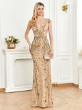 CEILIM | V-Neck Short Sleeves Elegant A-line Sequin Dresses