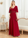 CEILIM | V-Neck Cotton Blends with Silver Dress With Ruffle