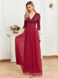 CEILIM | Double V Neck Sequin Bodice Chiffon Dress