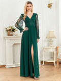 CEILIM | V-Neck Long Sleeves Fold Sleeve Lace Chiffon Dresses