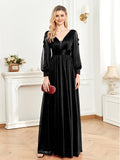 CEILIM | V-Neck Long Sleeves Fold Sleeve transparent applique Dresses