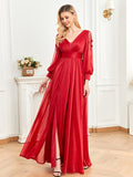 CEILIM | V-Neck Long Sleeves Fold Sleeve transparent applique Dresses