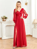 CEILIM | V-Neck Long Sleeves Fold Sleeve transparent applique Dresses