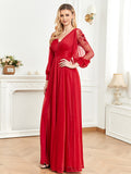 CEILIM | V-Neck Long Sleeves Fold Sleeve transparent applique Dresses