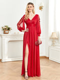 CEILIM | V-Neck Long Sleeves Fold Sleeve transparent applique Dresses