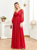 CEILIM | V-Neck Long Sleeves Fold Sleeve transparent applique Dresses