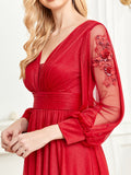 CEILIM | V-Neck Long Sleeves Fold Sleeve transparent applique Dresses
