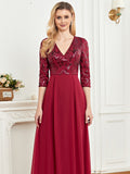 CEILIM | Double V Neck Sequin Bodice Chiffon Dress