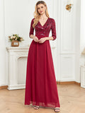 CEILIM | Double V Neck Sequin Bodice Chiffon Dress