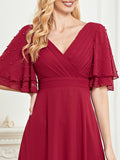 CEILIM | V-Neck Short Sleeves bubble beads A-line Chiffon Dresses