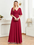 CEILIM | V-Neck Short Sleeves bubble beads A-line Chiffon Dresses
