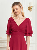 CEILIM | V-Neck Short Sleeves bubble beads A-line Chiffon Dresses