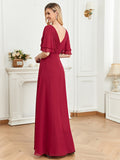 CEILIM | V-Neck Short Sleeves bubble beads A-line Chiffon Dresses