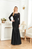CEILIM | Round Neck Long Sleeve Sequin Bodice mesh Prom Dress