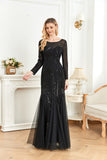 CEILIM | Round Neck Long Sleeve Sequin Bodice mesh Prom Dress
