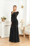 CEILIM | Round Neck Long Sleeve Sequin Bodice mesh Prom Dress