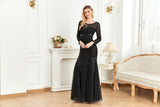 CEILIM | Round Neck Long Sleeve Sequin Bodice mesh Prom Dress