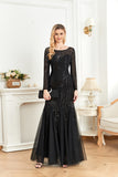 CEILIM | Round Neck Long Sleeve Sequin Bodice mesh Prom Dress
