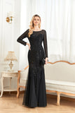 CEILIM | Round Neck Long Sleeve Sequin Bodice mesh Prom Dress