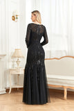 CEILIM | Round Neck Long Sleeve Sequin Bodice mesh Prom Dress