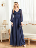 CEILIM | V-Neck Long Sleeves Elegant A-line Chiffon Dresses