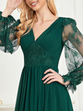 CEILIM | V-Neck Long Sleeves Fold Sleeve Lace Chiffon Dresses