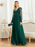 CEILIM | V-Neck Long Sleeves Fold Sleeve Lace Chiffon Dresses