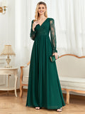CEILIM | V-Neck Long Sleeves Fold Sleeve Lace Chiffon Dresses
