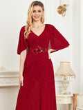 CEILIM | V-Neck Cotton Blends with Silver Dress With Ruffle