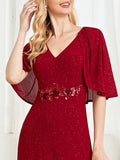 CEILIM | V-Neck Cotton Blends with Silver Dress With Ruffle