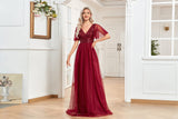 CEILIM | Double V Neck Sequin Bodice Mesh Prom Dress