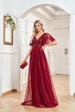 CEILIM | Double V Neck Sequin Bodice Mesh Prom Dress