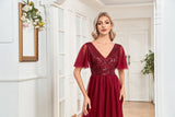 CEILIM | Double V Neck Sequin Bodice Mesh Prom Dress