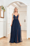 CEILIM | lace applique a-line Vneck straps dress with mesh skirt long side slits.