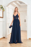 CEILIM | lace applique a-line Vneck straps dress with mesh skirt long side slits.